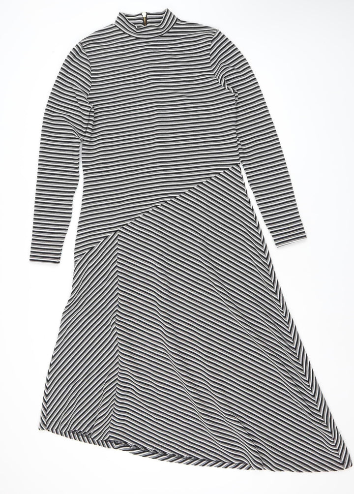Mint Velvet Women’s Black Striped Asymmetric Midi Dress UK 12