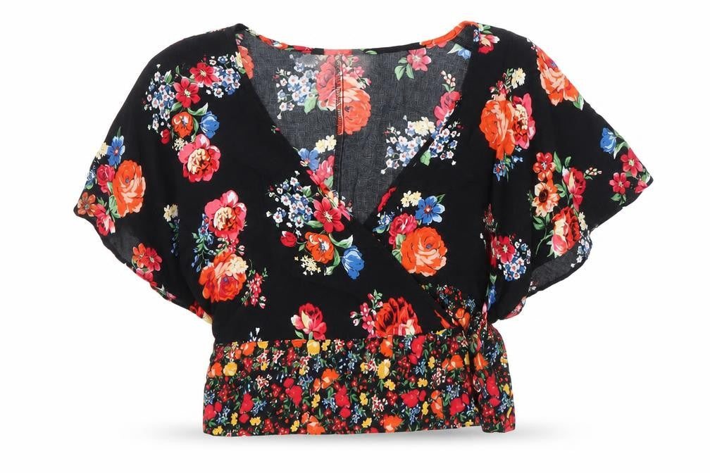Front view of New Look Women’s Multicoloured Floral Wrap Blouse, size UK 8