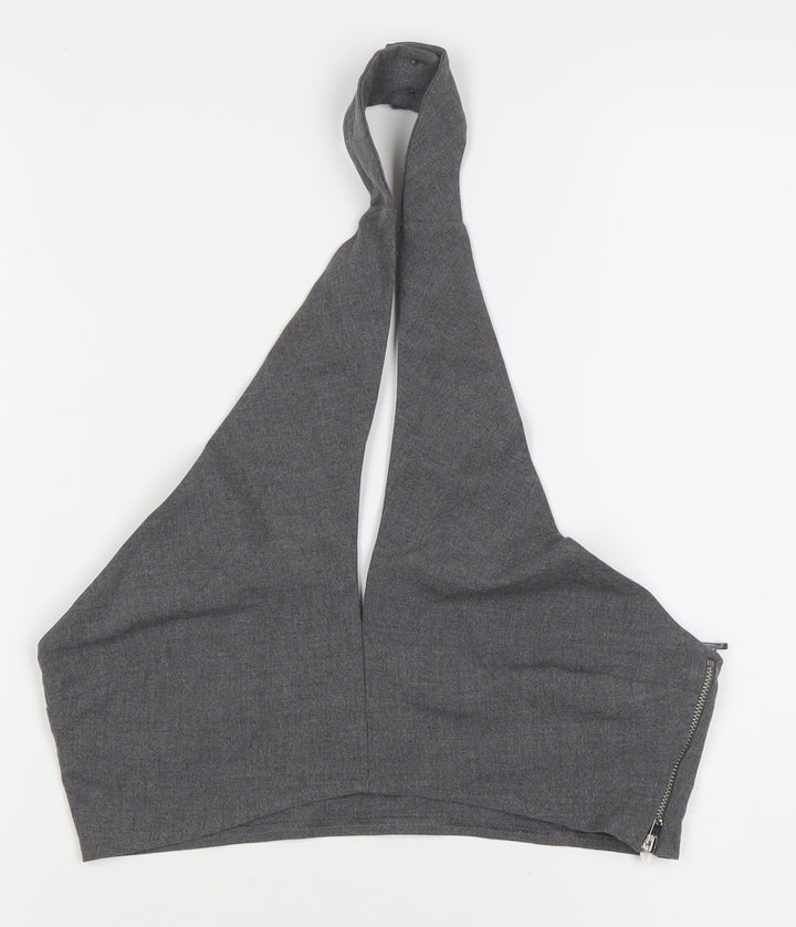 PULL&BEAR Womens Grey Halter Crop Top Size 12 Slim Fit Zip