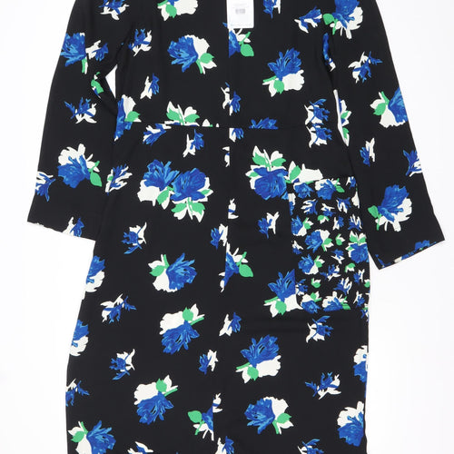 Warehouse Women’s Black Blue Floral Sheath Dress Size 14 Long Sleeve