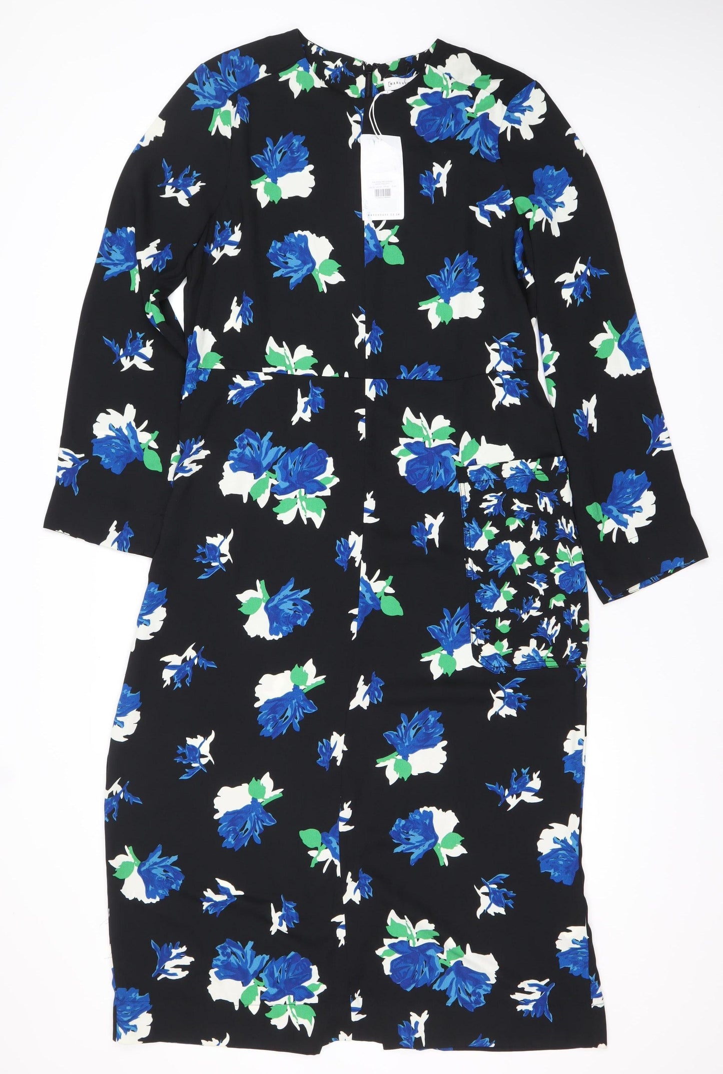 Warehouse Women’s Black Blue Floral Sheath Dress Size 14 Long Sleeve