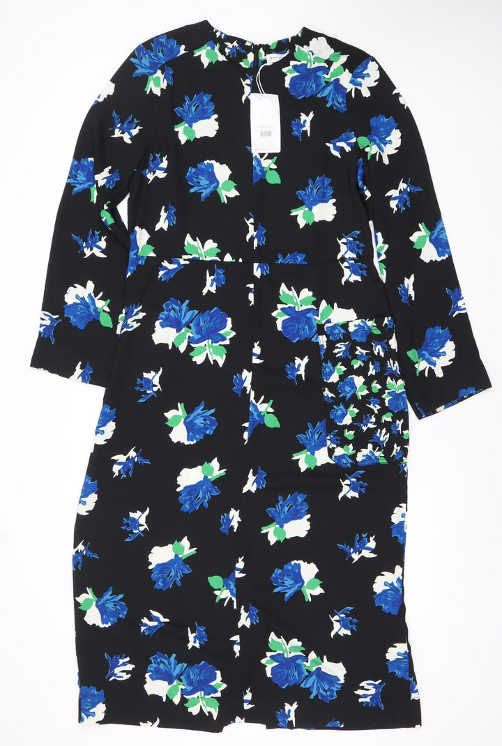 Warehouse Women’s Black Blue Floral Sheath Dress Size 14 Long Sleeve