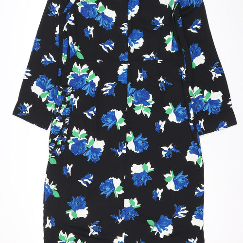 Warehouse Women’s Black Blue Floral Sheath Dress Size 14 Long Sleeve