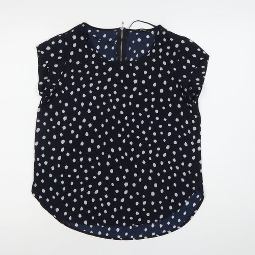 ONLY Womens Blue Polka Dot Blouse Size 8 Short Sleeve Zip