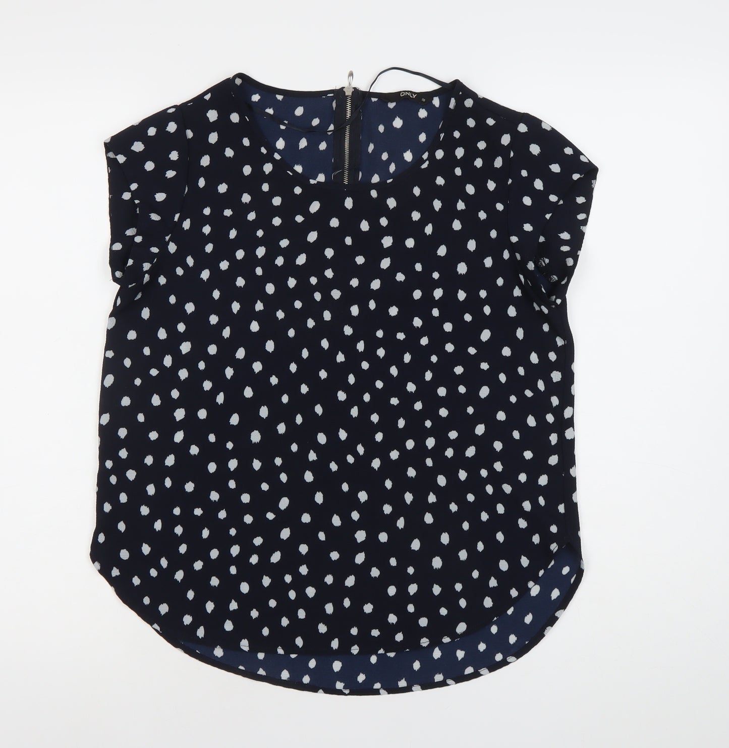 ONLY Womens Blue Polka Dot Blouse Size 8 Short Sleeve Zip