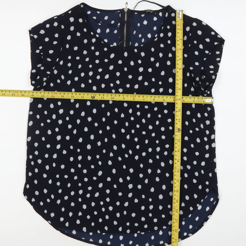 ONLY Womens Blue Polka Dot Blouse Size 8 Short Sleeve Zip