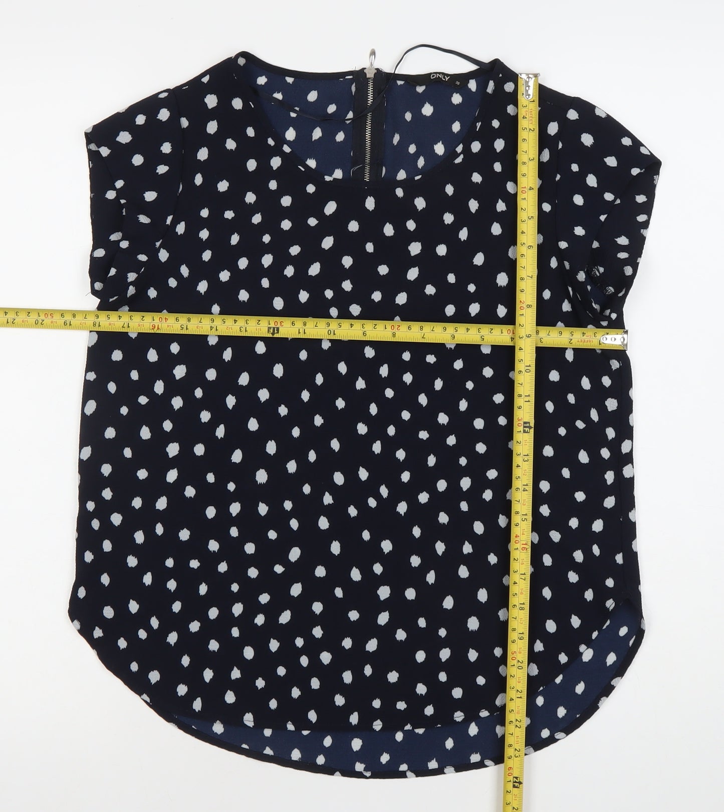 ONLY Womens Blue Polka Dot Blouse Size 8 Short Sleeve Zip