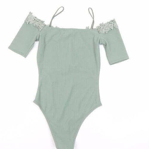 Topshop Women Green Lace Off Shoulder Bodysuit UK 4 Slim Fit