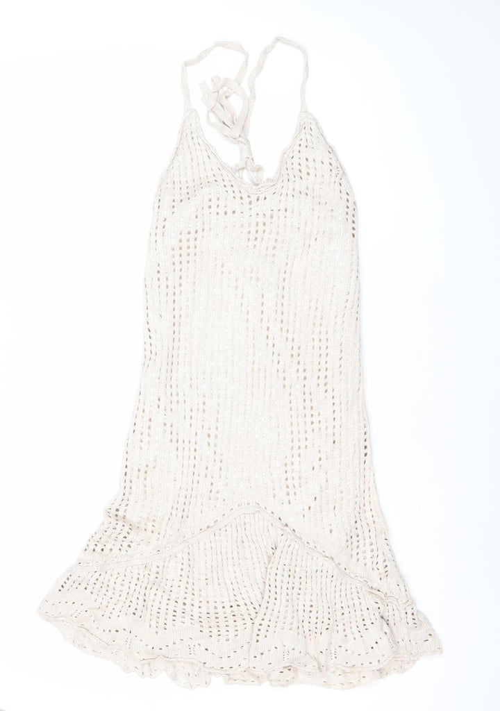 Stradivarius Women Ivory Crochet Slip Dress Size 12 Summer Beachwear