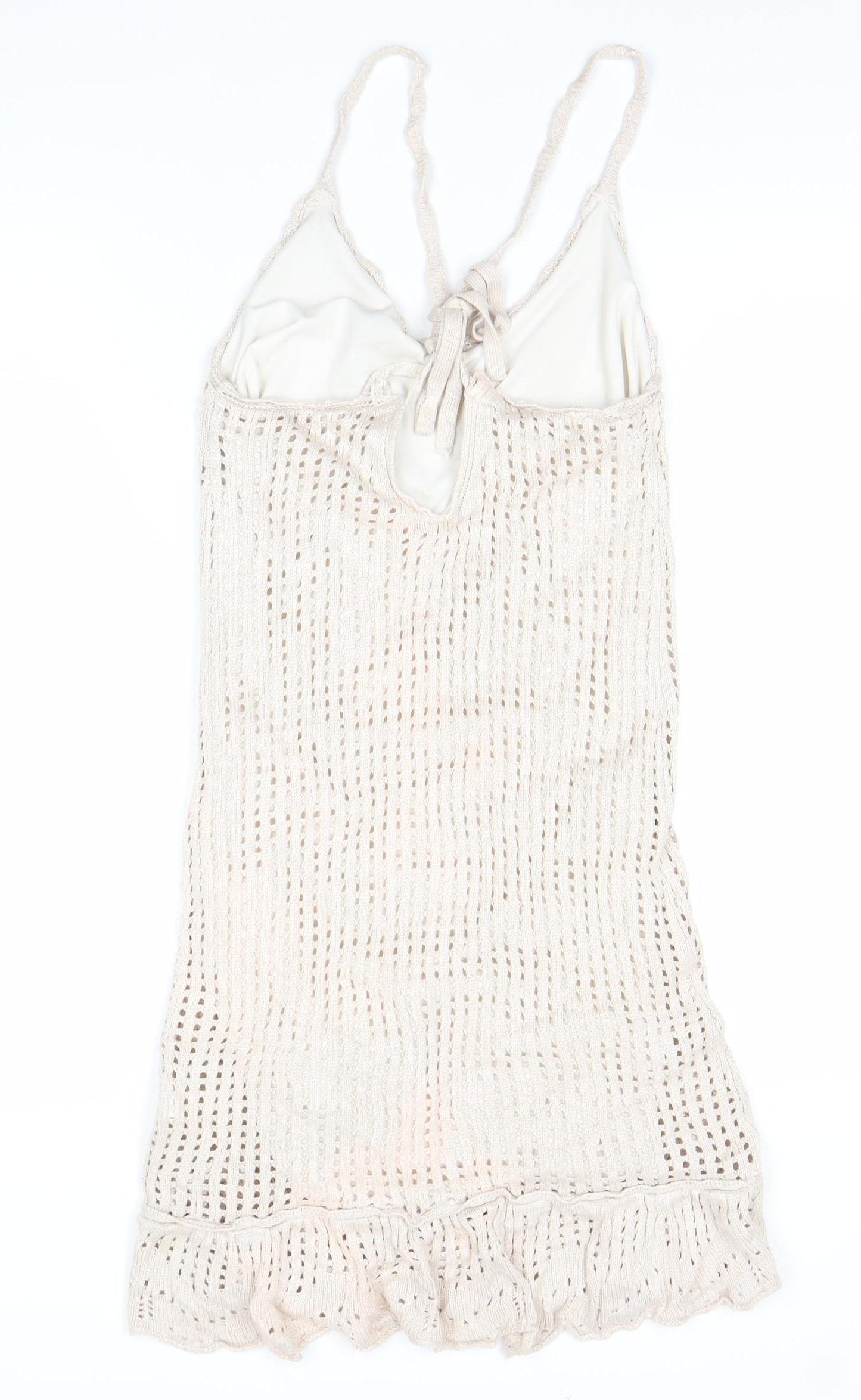 Stradivarius Women Ivory Crochet Slip Dress Size 12 Summer Beachwear
