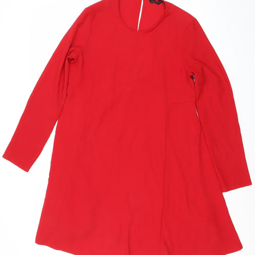 Zara Women Red Knee Length Shift Dress Size M Long Sleeve