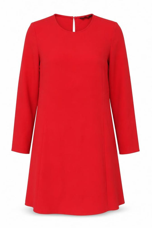 Front view of Zara Women Red Knee Length Shift Dress, size M, Long Sleeve