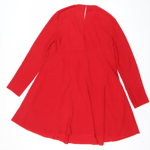 Zara Women Red Knee Length Shift Dress Size M Long Sleeve