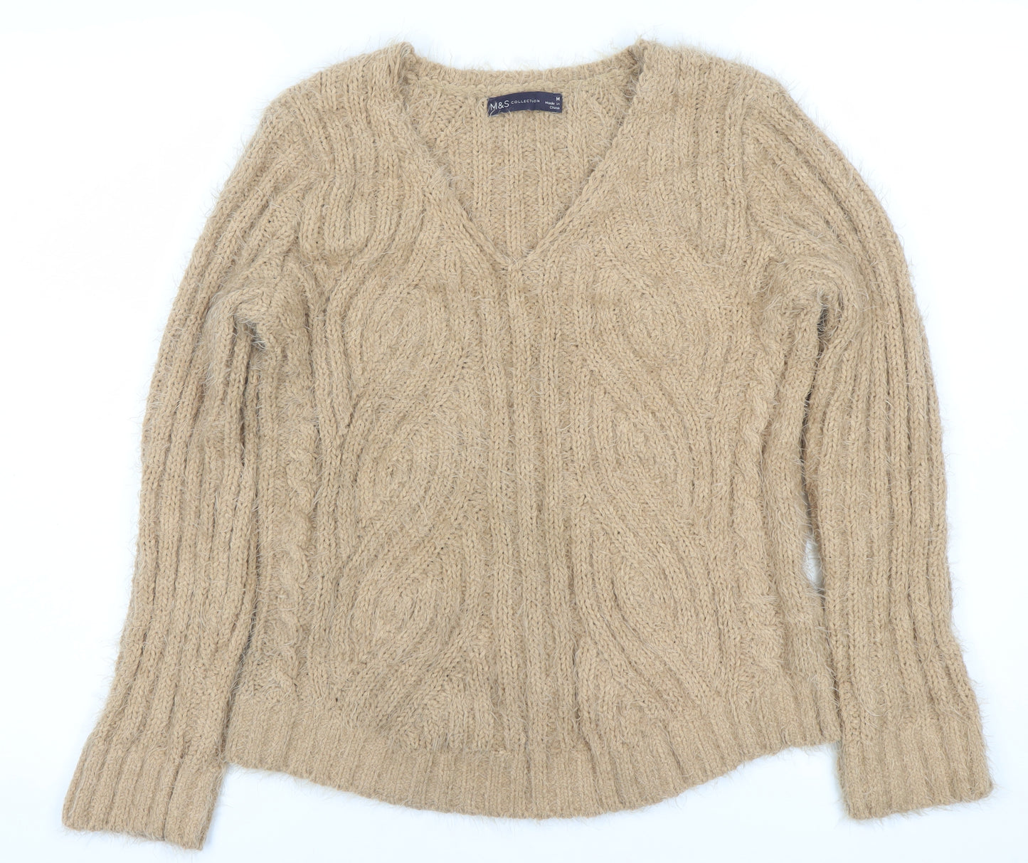 Marks and Spencer Women’s Beige V-Neck Cable Knit Jumper M