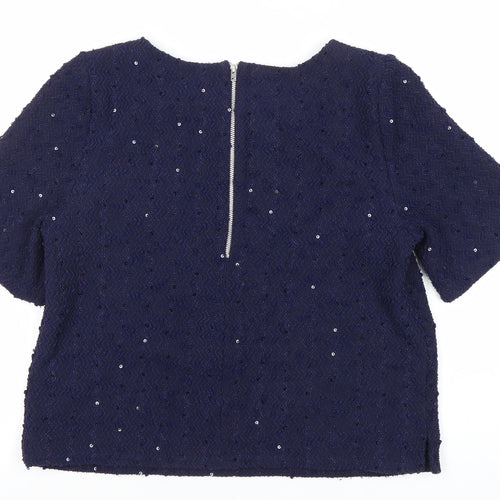 Oasis Women’s Blue Sequin Short Sleeve Blouse Size 12