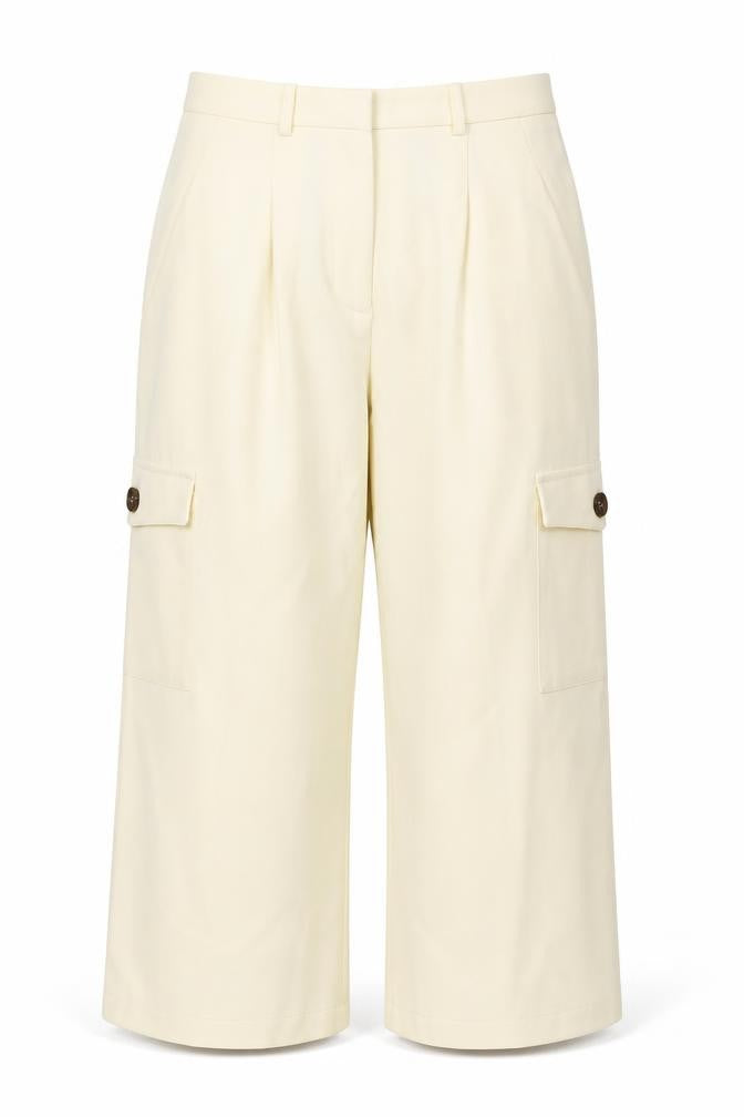 Front view of ASOS women’s beige cargo trousers, size UK 12, straight leg pockets
