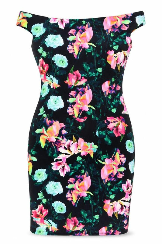 Front view of Red Herring Women’s Multicoloured Floral Bodycon Dress, size UK 12, One Shoulder