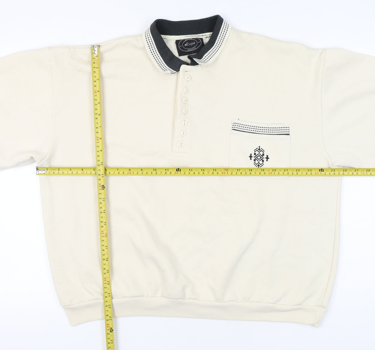 Lupa Men’s Beige XL Collared Henley Sweatshirt Embroidered Pocket