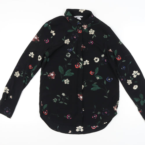 H&M Womens Black Floral Blouse Size 6 Long Sleeve Collared Workwear
