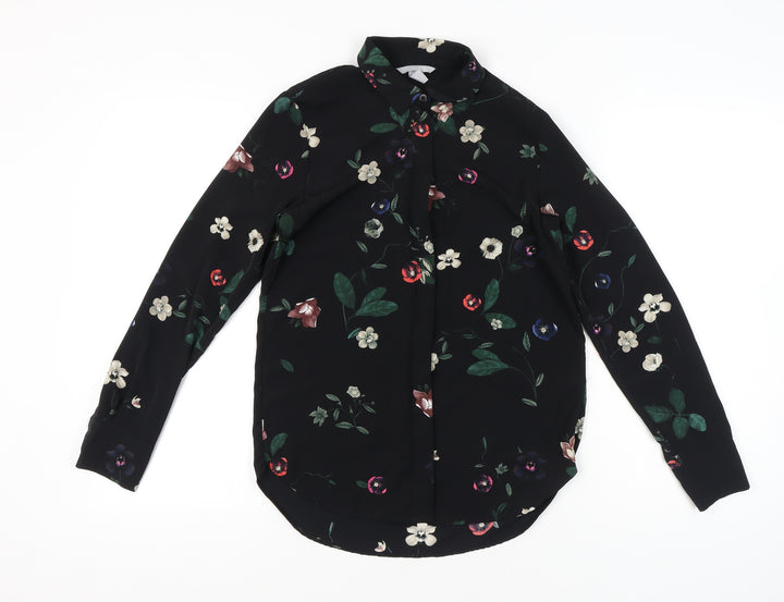 H&M Womens Black Floral Blouse Size 6 Long Sleeve Collared Workwear