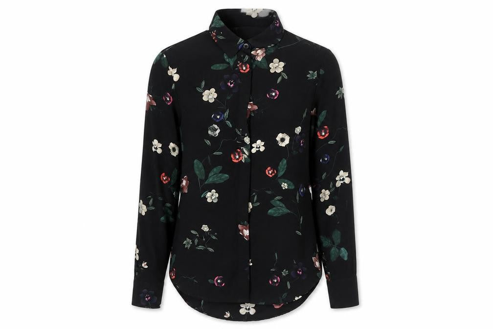 H&M Womens Black Floral Blouse Size 6 Long Sleeve Collared Workwear