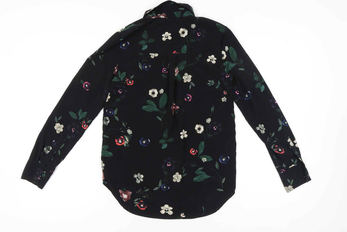 H&M Womens Black Floral Blouse Size 6 Long Sleeve Collared Workwear