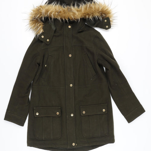Express Women's Green Parka Coat Faux Fur Hood Size S Wool Blend