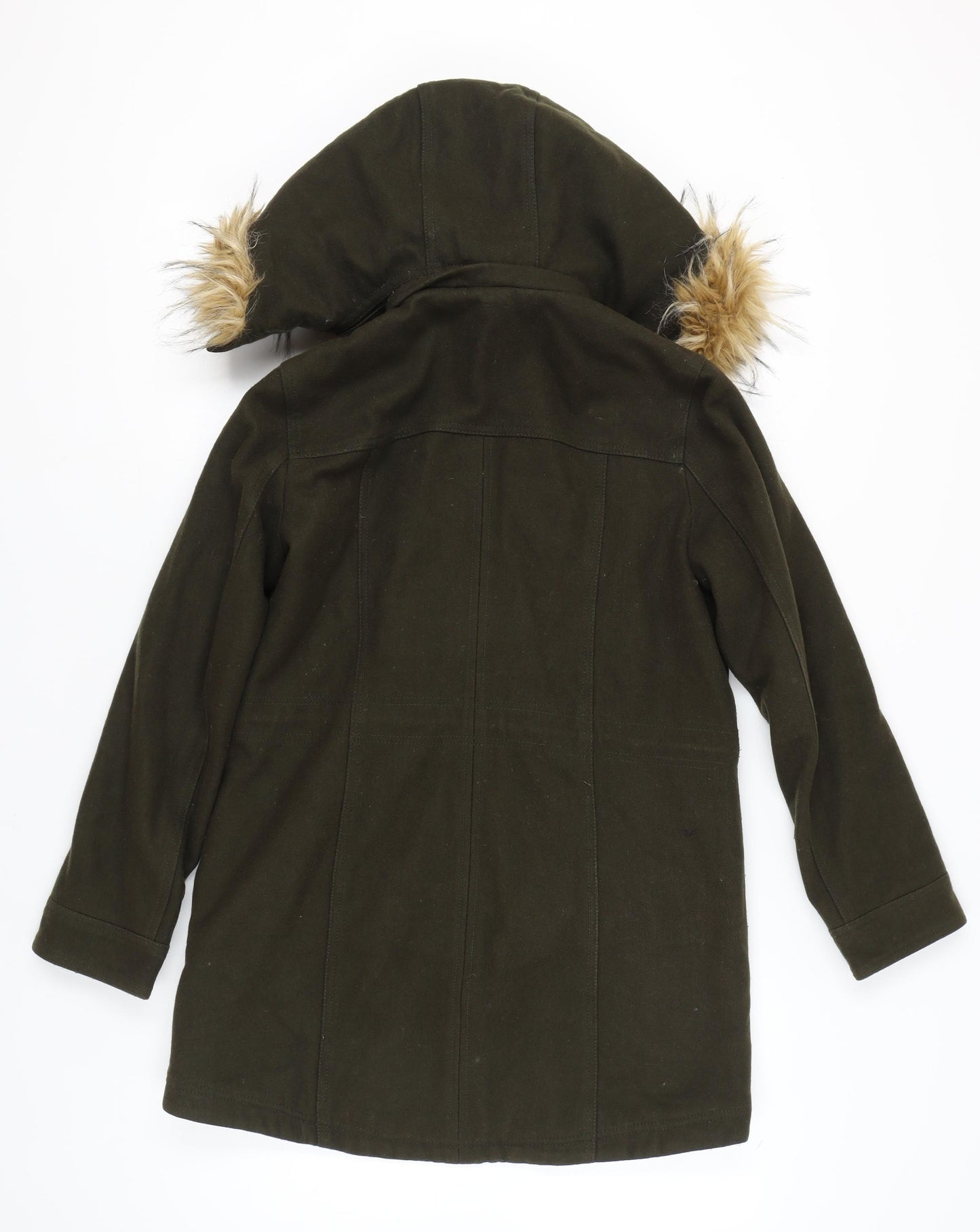 Express Women's Green Parka Coat Faux Fur Hood Size S Wool Blend