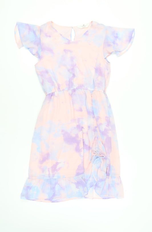 H&M Girls Multicoloured Tie Dye Skater Dress 14 Years Flutter Sleeve