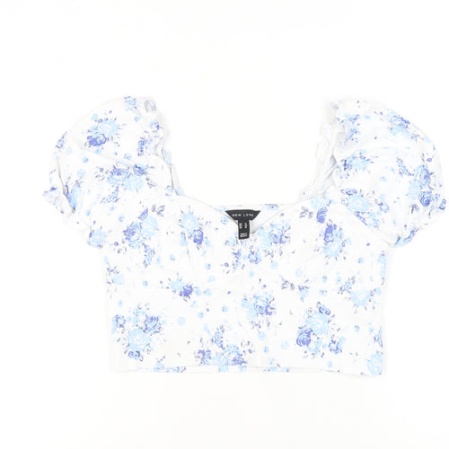 New Look Womens White Floral Cropped Blouse UK 14 Puff Sleeve