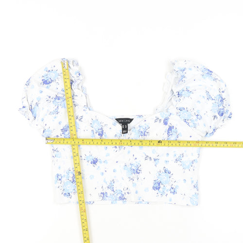 New Look Womens White Floral Cropped Blouse UK 14 Puff Sleeve