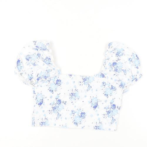 New Look Womens White Floral Cropped Blouse UK 14 Puff Sleeve