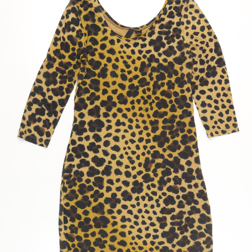 H&M Women Brown Leopard Print Bodycon Dress Size 14 3/4 Sleeve Scoop Neck