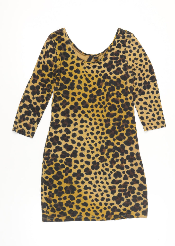 H&M Women Brown Leopard Print Bodycon Dress Size 14 3/4 Sleeve Scoop Neck