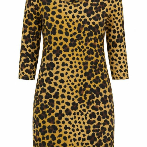 H&M Women Brown Leopard Print Bodycon Dress Size 14 3/4 Sleeve Scoop Neck
