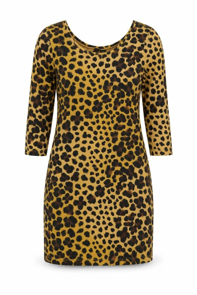 H&M Women Brown Leopard Print Bodycon Dress Size 14 3/4 Sleeve Scoop Neck