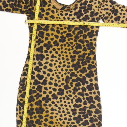 H&M Women Brown Leopard Print Bodycon Dress Size 14 3/4 Sleeve Scoop Neck