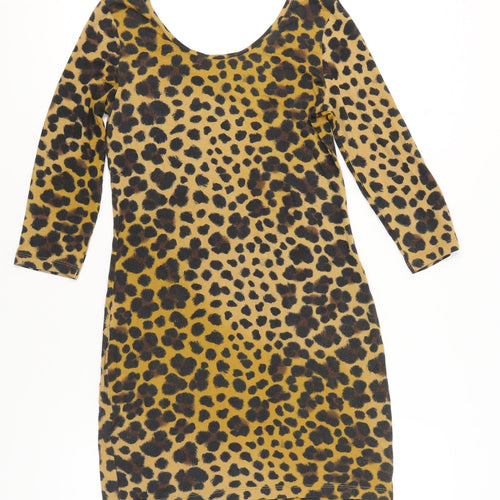 H&M Women Brown Leopard Print Bodycon Dress Size 14 3/4 Sleeve Scoop Neck