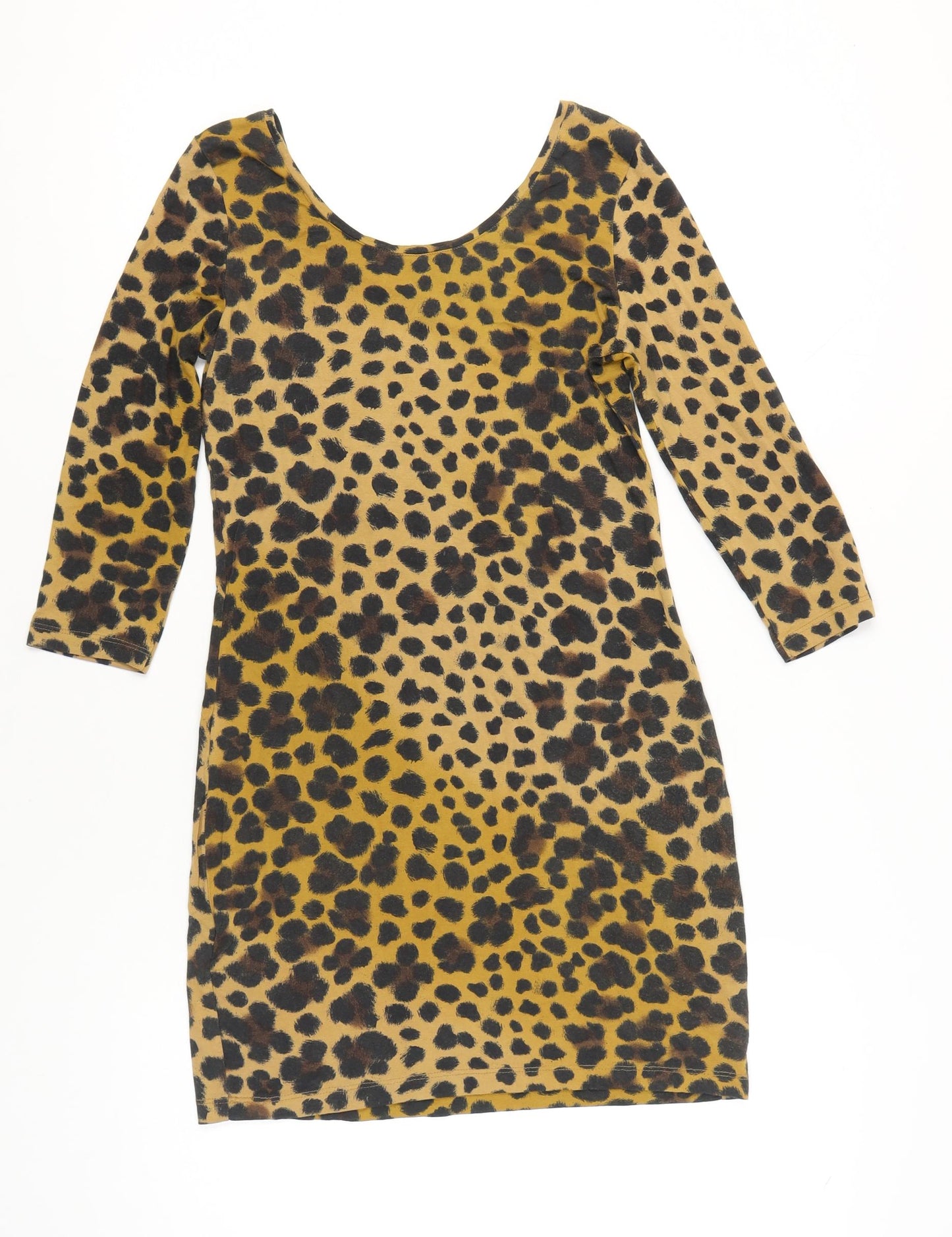 H&M Women Brown Leopard Print Bodycon Dress Size 14 3/4 Sleeve Scoop Neck