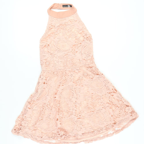 Boohoo Womens Pink Lace Halter A-Line Party Dress UK 8
