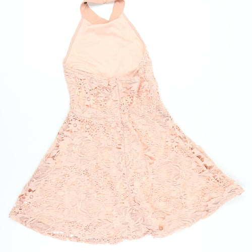 Boohoo Womens Pink Lace Halter A-Line Party Dress UK 8