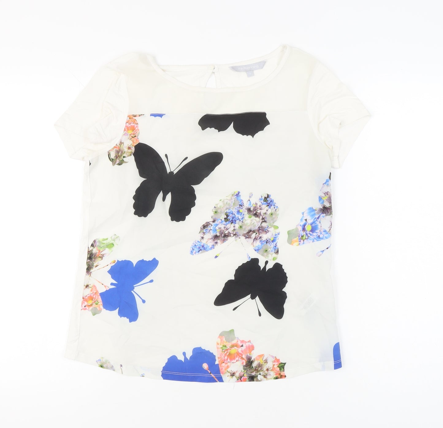 Red Herring Women’s White Butterfly Floral Blouse UK 10 Short Sleeve