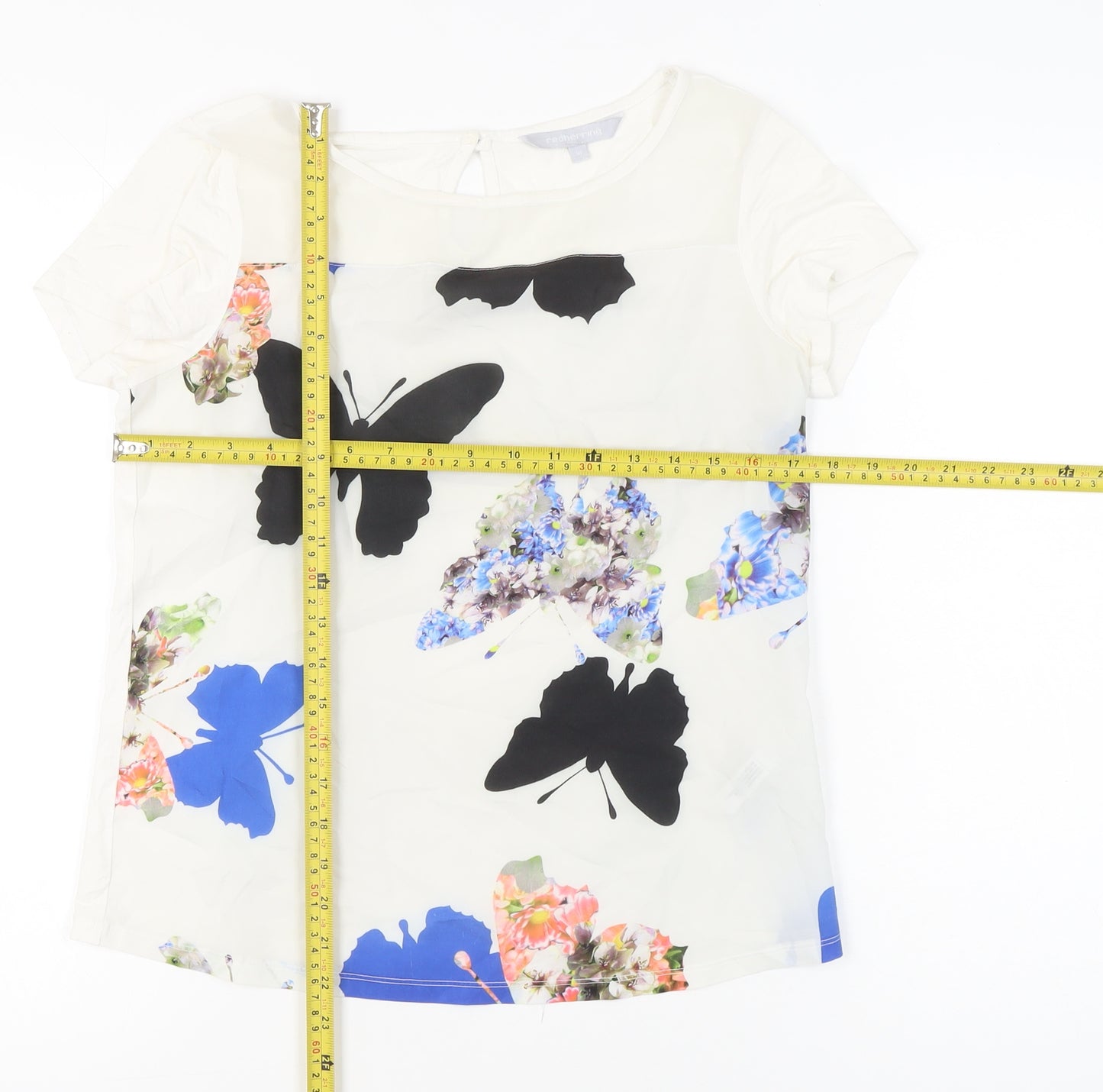 Red Herring Women’s White Butterfly Floral Blouse UK 10 Short Sleeve