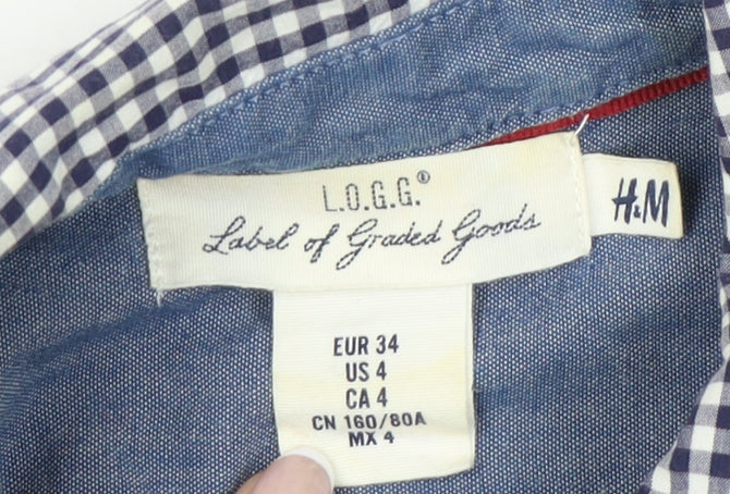 H&M Women Blue Check Cotton Button-Up Shirt Size 8 Long Sleeve