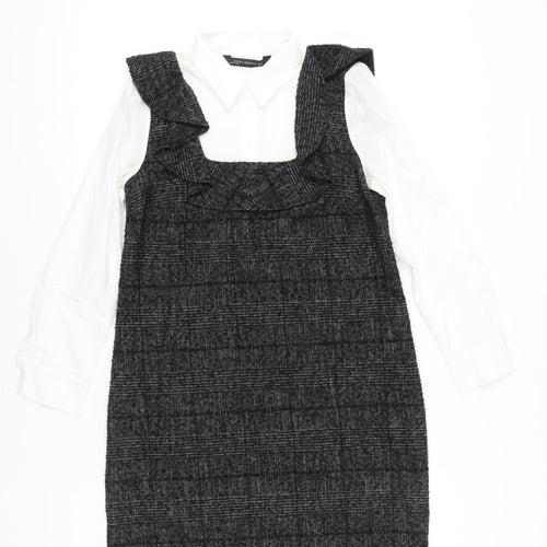 Zara Women Black Check Ruffle Pinafore Dress Size 8 Workwear