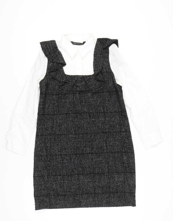 Zara Women Black Check Ruffle Pinafore Dress Size 8 Workwear