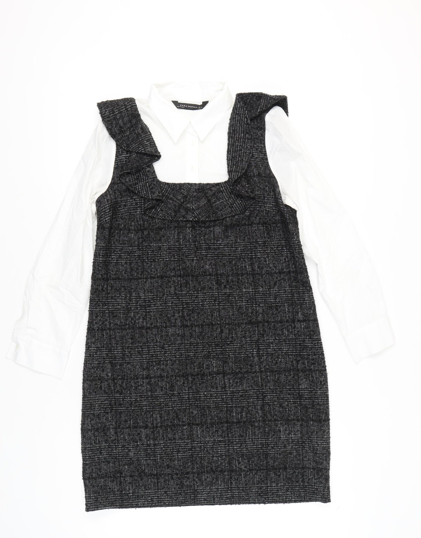 Zara Women Black Check Ruffle Pinafore Dress Size 8 Workwear