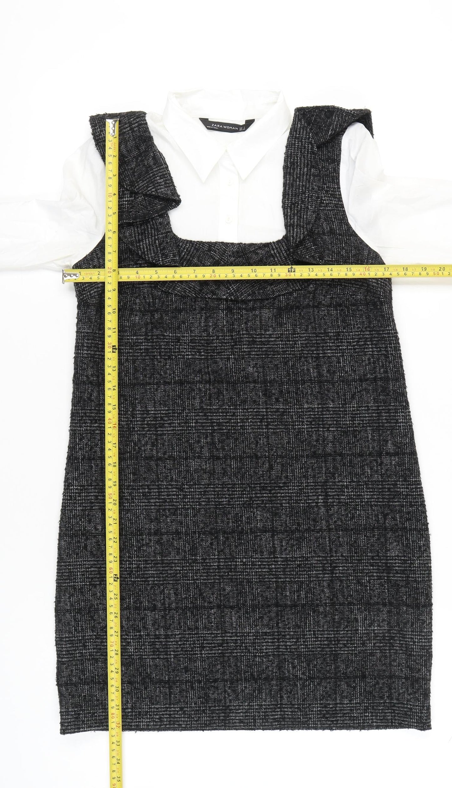 Zara Women Black Check Ruffle Pinafore Dress Size 8 Workwear