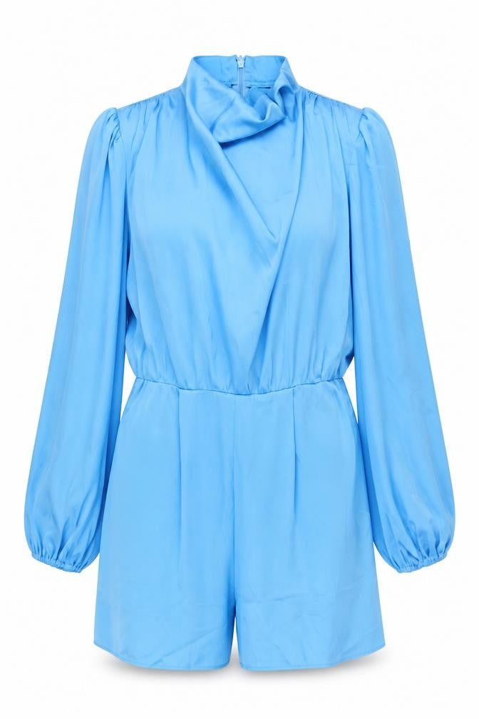 Front view of River Island Women’s Blue, size UK 10, Long Sleeve Satin Playsuit