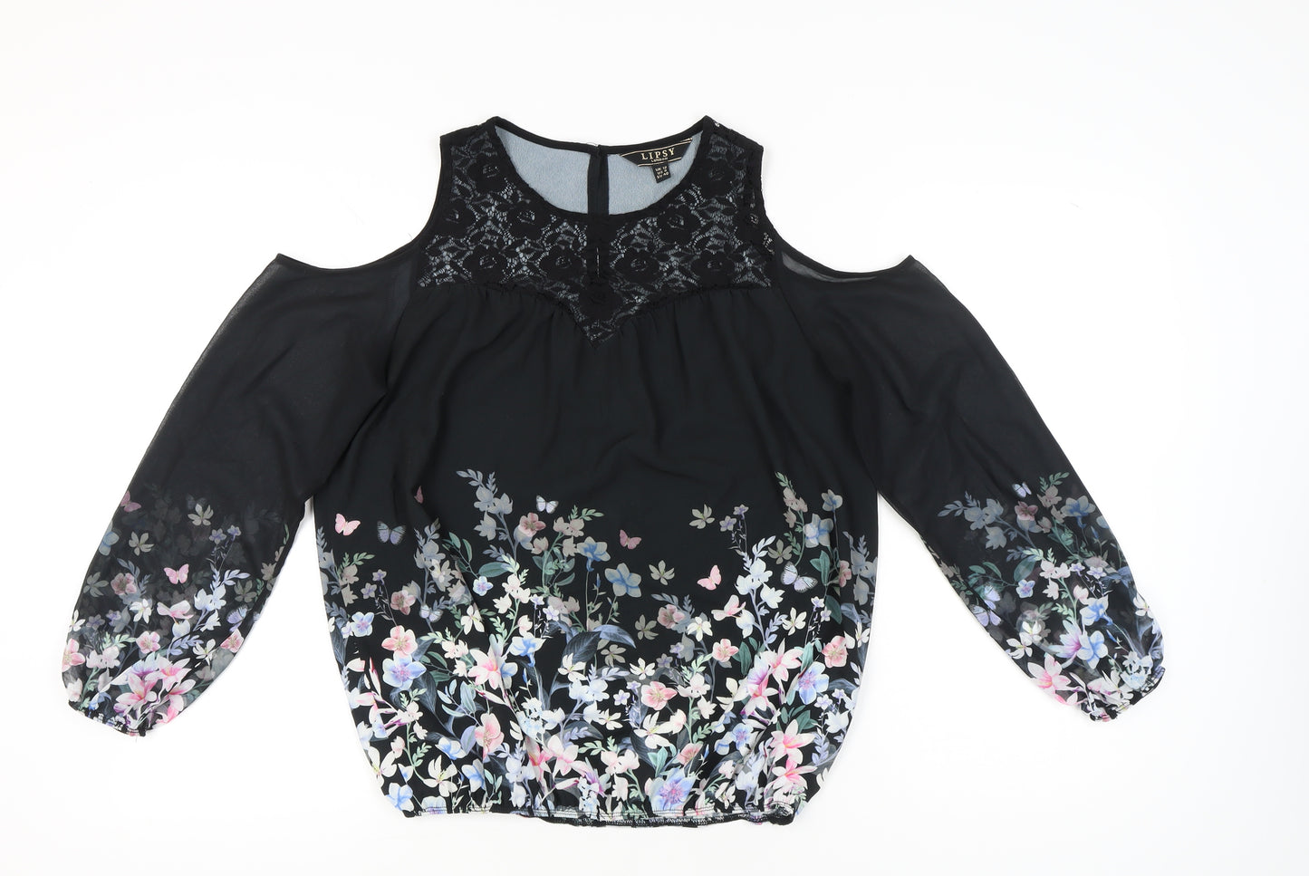 Lipsy Womens Black Floral Cold Shoulder Tunic Blouse UK 12